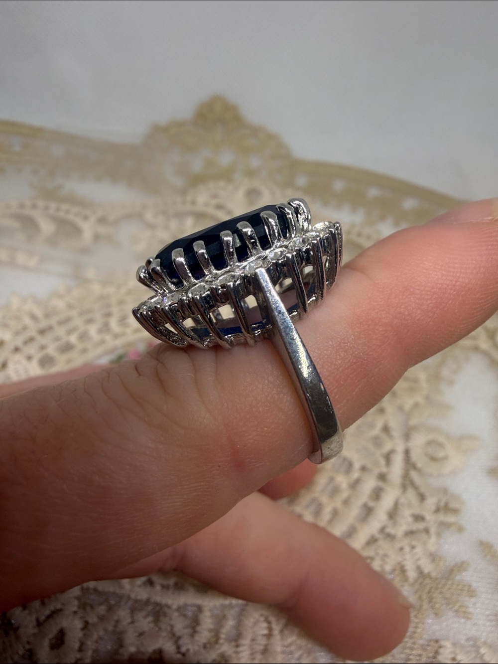 18K Gold Plated Created Blue Sapphire 6CT Halo Ring Sz 6 Estate Old Money Style - Picture 3 of 7